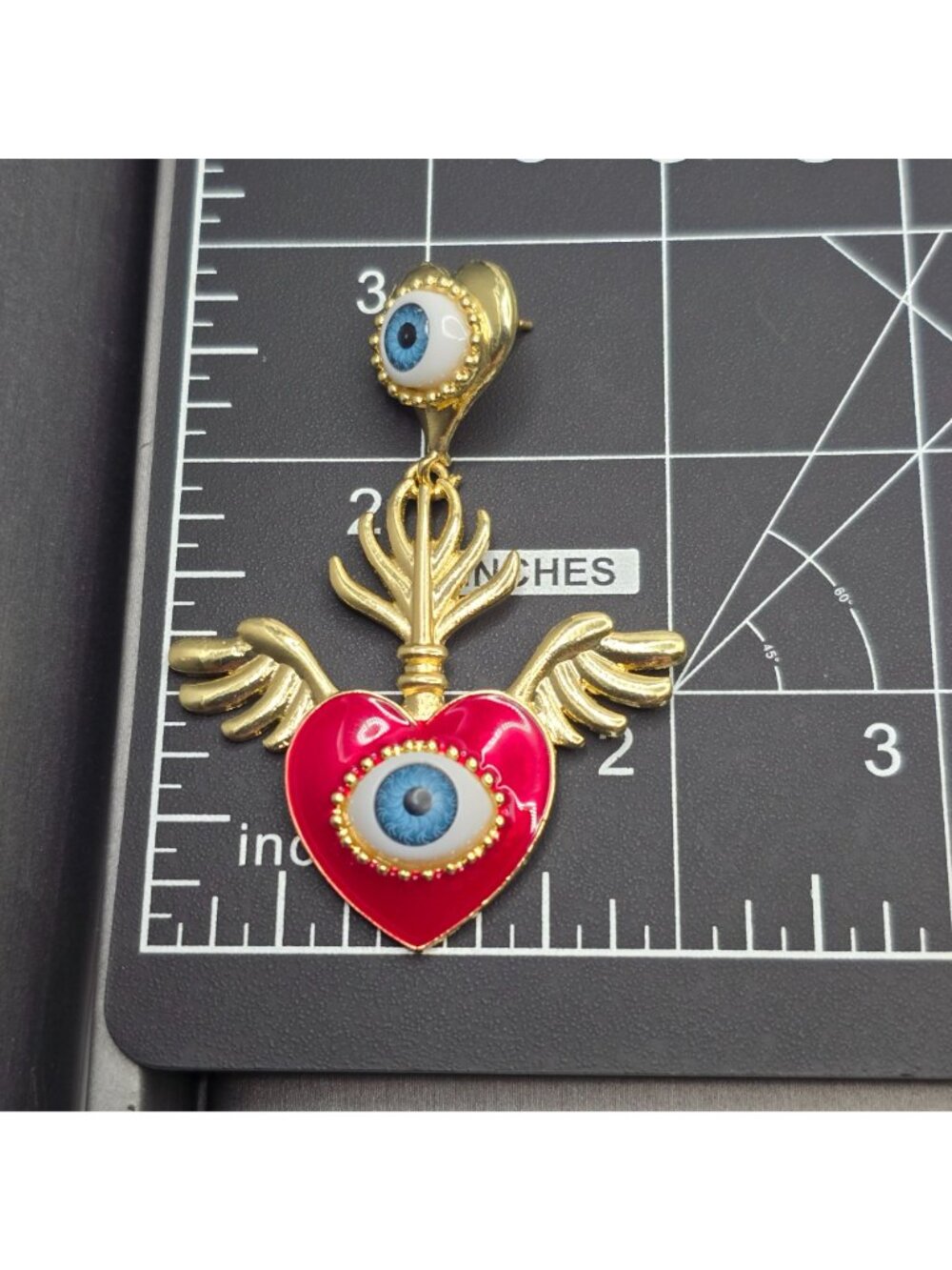 Surrealist Evil Eye Sacred Heart Drop Earrings 3" Gold Red Enamel Statement - Picture 6 of 7